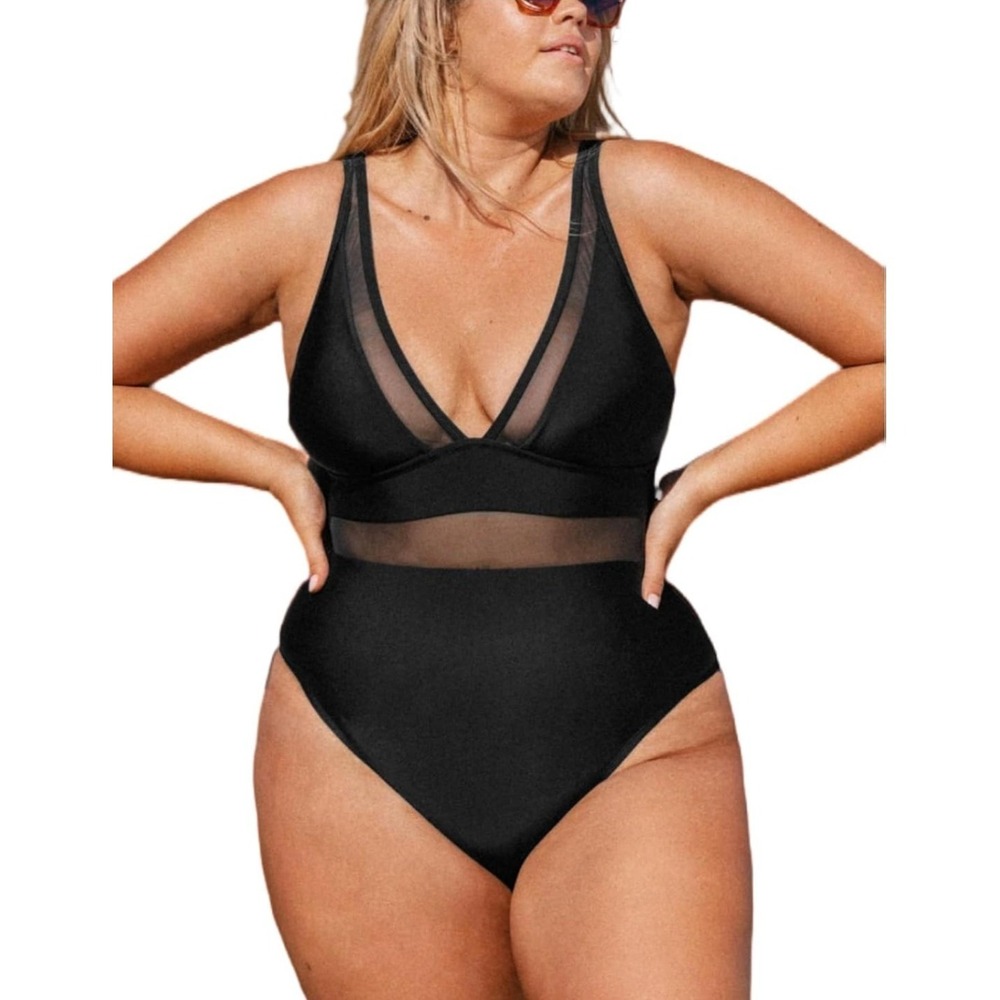 Cupshe Womens One Piece Swimsuit 2X Black Chinlon Mesh V Neck Sheer Panel